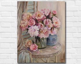 Blumen-Ölgemälde auf Leinwand, Pink Peony Ölgemälde, Pfingstrosen in Vasenmalerei, viktorianische Malerei, Blumenstillleben, Blumenkunstmalerei