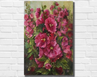 Original Mallow Oil Painting on Canvas: Floral Still Life Artwork