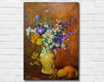 Flower oil painting on canvas, Flowers in vase painting, Wildflowers painting, Fruit painting, Floral still life, Original floral painting