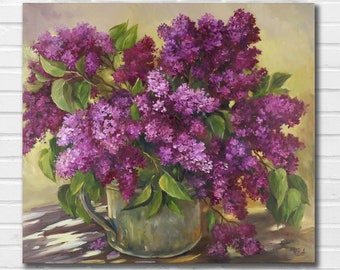 Lilac Oil Painting on Canvas: Floral Still Life Artwork