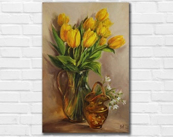 Tulipanes amarillos, pintura al óleo sobre lienzo: arte floral original