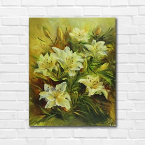 Large flower oil painting on canvas, Lilies painting, Lilies bouquet painting, White lily flowers still life, Original floral painting