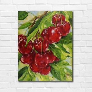 Original Cherry Oil Painting on Canvas: Realism Fruit Art