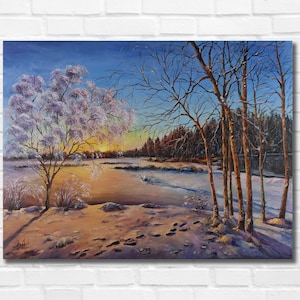 Original oil painting on canvas, Tree painting, Landscape painting, Winter painting, Christmas painting, Winter landscape, Bright painting