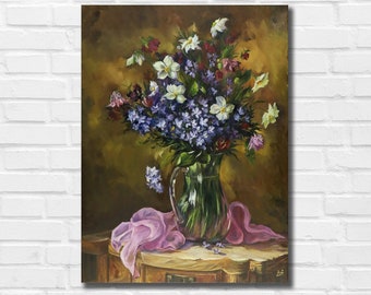 Bloemolieverfschilderij op doek, bloemen in vaasschilderen, schilderen van wilde bloemen, bloemenstilleven, origineel bloemenschilderen, bloemkunst