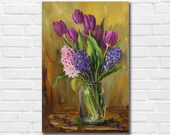Tulipanes originales, pintura al óleo sobre lienzo: arte floral en jarrones