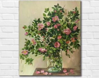 Grote bloem olieverfschilderij op doek, bloemen in vaas schilderij, rozenbottel bloesem schilderij, roze bloemen stilleven, origineel bloemen schilderij