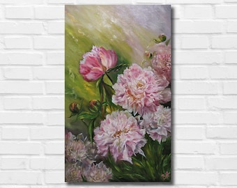 Peony painting on canvas, Flower oil painting, Peony wall art, Peonies painting, Impressionism art, Floral painting, Interior painting