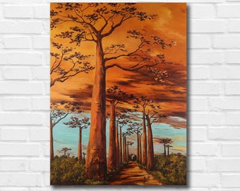 Original interior oil painting, Sunset painting, African painting, African art, Tree art, Baobab tree painting, African landscape