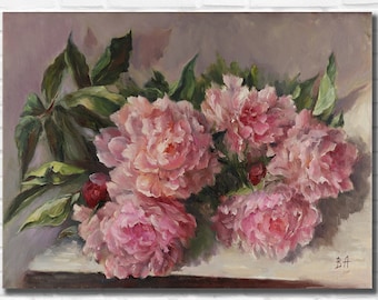 Rosa pioner oljemålning på duk, blommig stilleben, viktoriansk stil