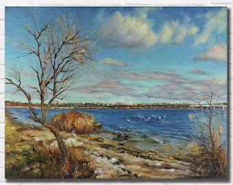 Original Ölgemälde auf Leinwand: Januar Tag Seelandschaft