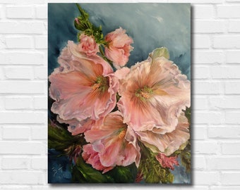 Interior oil painting on canvas, Flower painting, Mallow painting, Modern art, Original floral painting, Interior artwork, Apartment decor