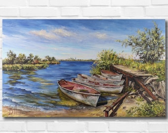 Seascape Oil Painting: Fishing Boats, Palette Knife Impressionism