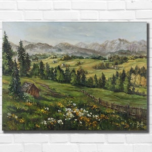 Landscape oil painting on canvas, Mountains painting, Wildflowers painting, Summer landscape painting, Tree painting, Nature landscape