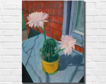 Blooming Cactus Oil Painting: Floral Still Life, Southwestern Wall Art