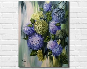Interior oil painting on canvas, Abstract flower painting, Hydrangea painting, Blue hydrangea art, Original floral painting, Interior decor
