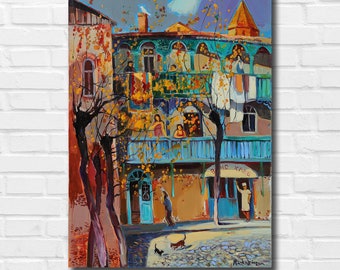 Original impressionism oil painting on canvas, City painting, Cityscape painting, City artwork, Old street painting, Large wall art