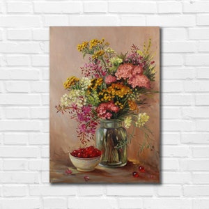 Flower oil painting on canvas, Wildflowers painting, Wildflowers art, Cherries painting, Cherry art, Floral still life, Floral and berries