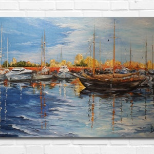 Seascape oil painting, Sailboat painting, Sailing art, Sailboat art, Palette knife painting, Impressionism painting, Fisherman painting