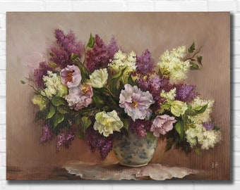 Lilac Oil Painting on Canvas: Floral Still Life, Victorian Style