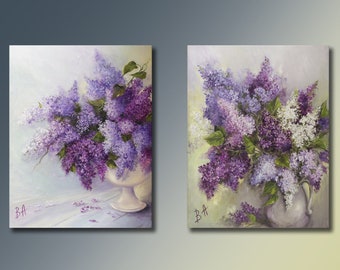 Gallery wall set of 2 original oil paintings on canvas, Flower painting, Lilac painting, Lilac in vase, Still life painting, Home decor