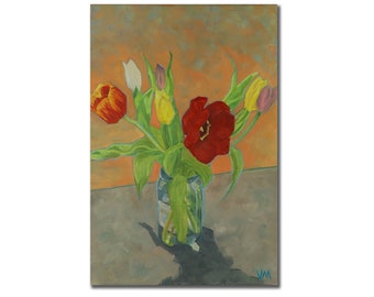 Naturaleza muerta con tulipanes: pintura al óleo floral original sobre lienzo