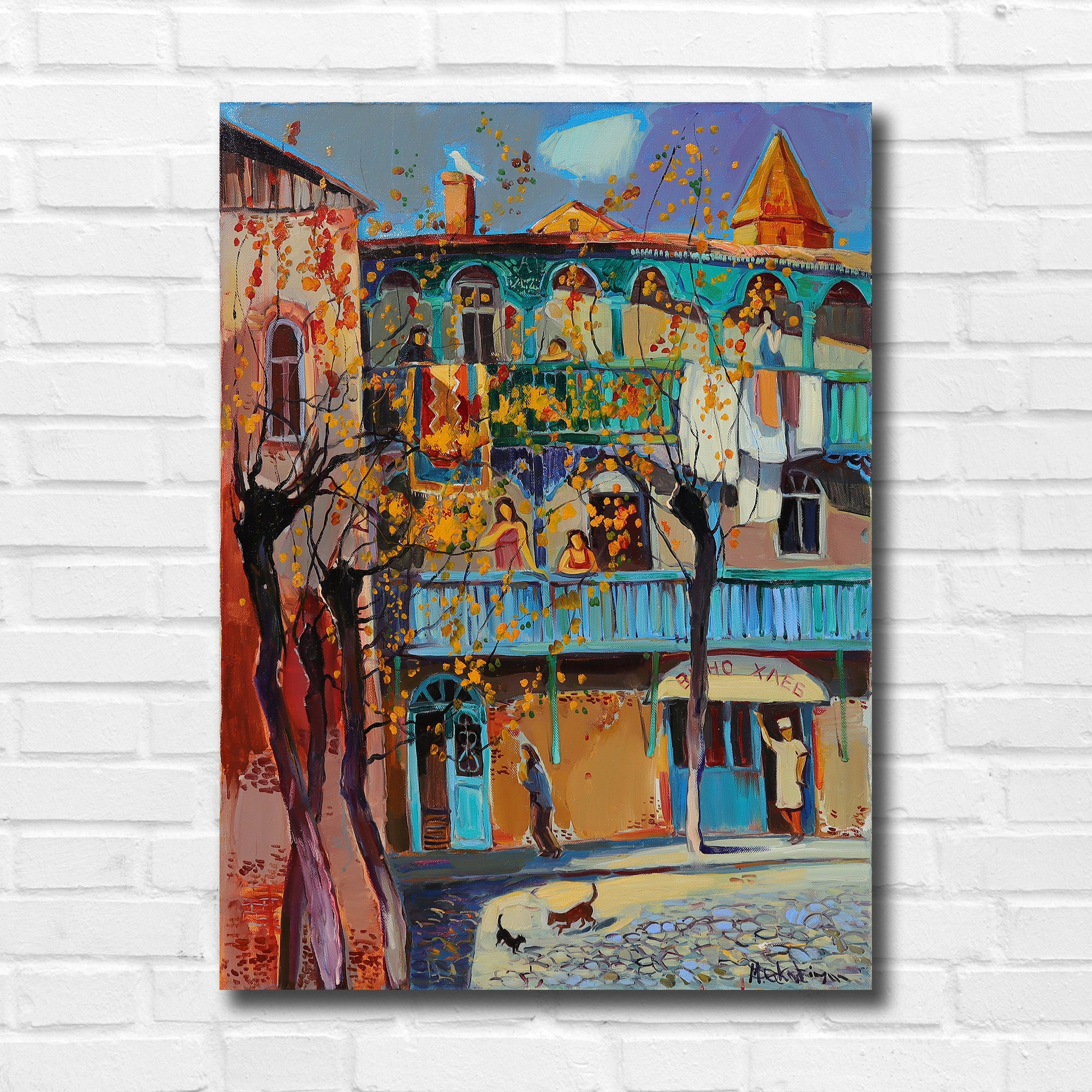 40s 50s バンビ ＆ サンバー ビンテージ 絵画 W.D.P. Impressionism Cityscape Oil Painting: Old Tbilisi Street Scene