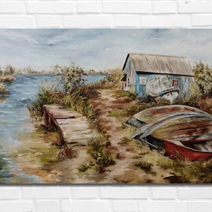 Seascape oil painting on canvas, Sailboat painting, Sailing art, River painting, Lake painting, Impressionism painting, Fisherman painting