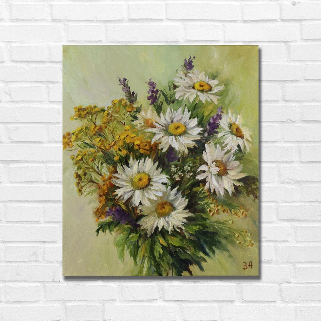 Original Floral Oil Painting on Canvas, Daisies Bouquet in Vase ...