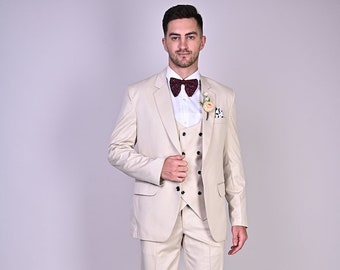 Men beige 3 piece suit for groom & groomsmen wedding-dinner, prom, party wear customized suit