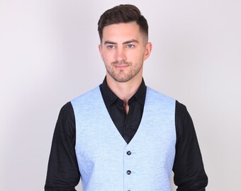 man linen blue vest for wedding, prom, dinner, party wear customize stylish man vest