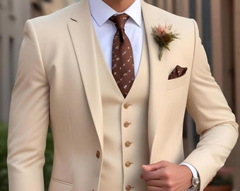 Maßgeschneiderter Herrenanzug 3-teilig in Beige - Hochzeit, Abschlussball, Abendessen, Party & Strandhochzeit als Geschenk