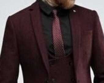 Man tweed maroon 3 piece suit-wedding, dinner, prom, party wear suit-bespoke suit-men's maroon suits