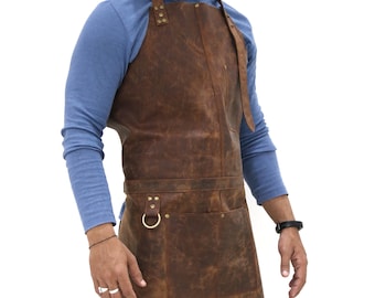 Apron with Beer Holder Distressed Multi-Pocket Brown Full Grain Leather Butchers Apron For Hobbyists Woodwork Blacksmith christmas gift