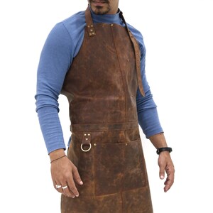 Apron with Beer Holder Distressed Multi-Pocket Brown Full Grain Leather Butchers Apron For Hobbyists Woodwork Blacksmith christmas gift