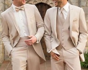 Klassischer Elfenbein 3-teiliger Slim Fit Anzug für Herren - Hochzeit Bräutigam & Groomsmen Anzug - Maßgeschneiderter Maßanzug - Abschlussball und formelle Kleidung Geschenk für Ihn