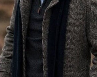 Herren Tweed Übergröße Mantel- Vintage Langer Mantel-Trenchmantel- Winterjacke-Tweedmantel-langer Mantel-maßgeschneiderte Jacke, Weihnachtsgeschenk für Mann