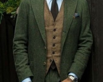 Men&#39;s Green Tweed 3-Piece Suit – Bespoke Slim Fit Wedding Suit for Groom & Groomsmen, Prom, Party, Dinner Wear, Gift for Husband