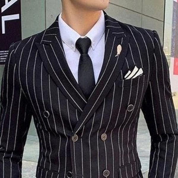 Man black striped 2 piece suit-prom, dinner, party wear suit-wedding suit for groom & groomsmen-bespoke suit-men's black suits