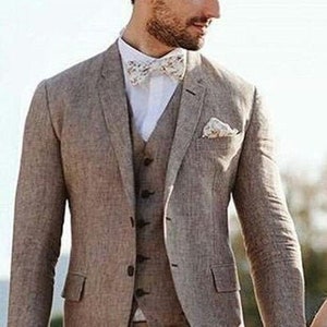 Bespoke suit-beige linen 3 piece suit-prom, dinner, party wear suit-wedding suit for groom & groomsmen-men's linen suits