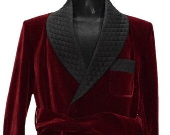 Men maroon Smoking Robe Quilted maroon Velvet Long Coat Hosting Evening Party Wear Blazer for men.