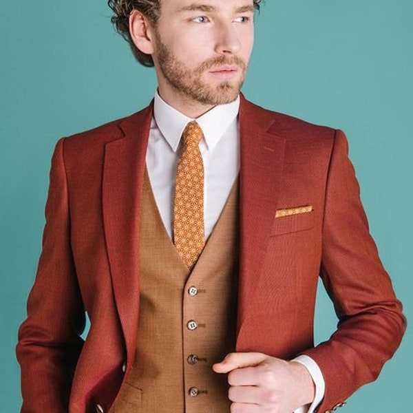 Bespoke suit-man rust orange 3  piece suit-wedding suit for groom & groomsmen-prom, dinner, party wear suit-men's orange suits
