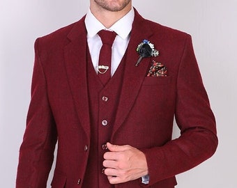 Man tweed maroon 3 piece suit, customize suit for groom and groomsmen, stylish suit for wedding, dinner, prom, party wear