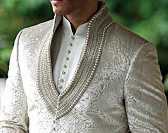 Men&#39;s Elegant Ethnic Indian Groom Sherwani with Churidar Pajama Traditional Wedding Outfit