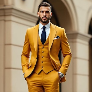 Modern Stylish Mustard Yellow Three piece Suit – Custom Tailored Slim Fit Wedding & Business Attire – Bespoke Dinner Suit, Gift for Men