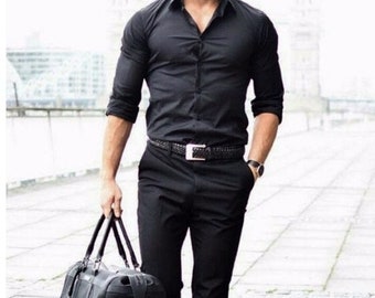 Mens black shirt and cheap trousers