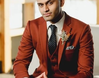 Bespoke Rust Orange 3-Piece Suit for Men – Slim Fit Designer Suit, Wedding Suit for Groom & Groomsmen, Prom Party Wear Gift