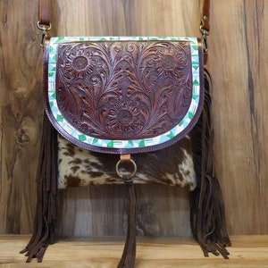 Leather Sling Bag - Hand Carved Cowhide Leather, Southwest Style, Bohemian Design - Perfect Valentine&#39;s Gift for Women