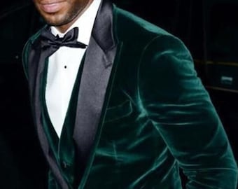 Men green jacket, velvet tuxedo for men, 3 piece suit for grooms and groomsmen, customize jacket