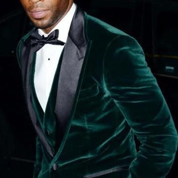 Men green jacket, velvet tuxedo for men, 3 piece suit for grooms and groomsmen, customize jacket